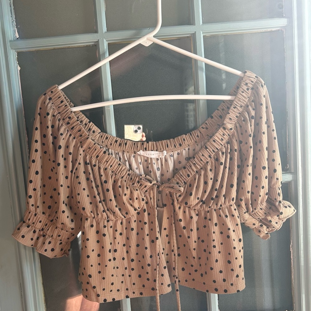 Polkadow Peplum Tie Center Bow Off The Shoulder Cinch Blouse Taupe & Black Small